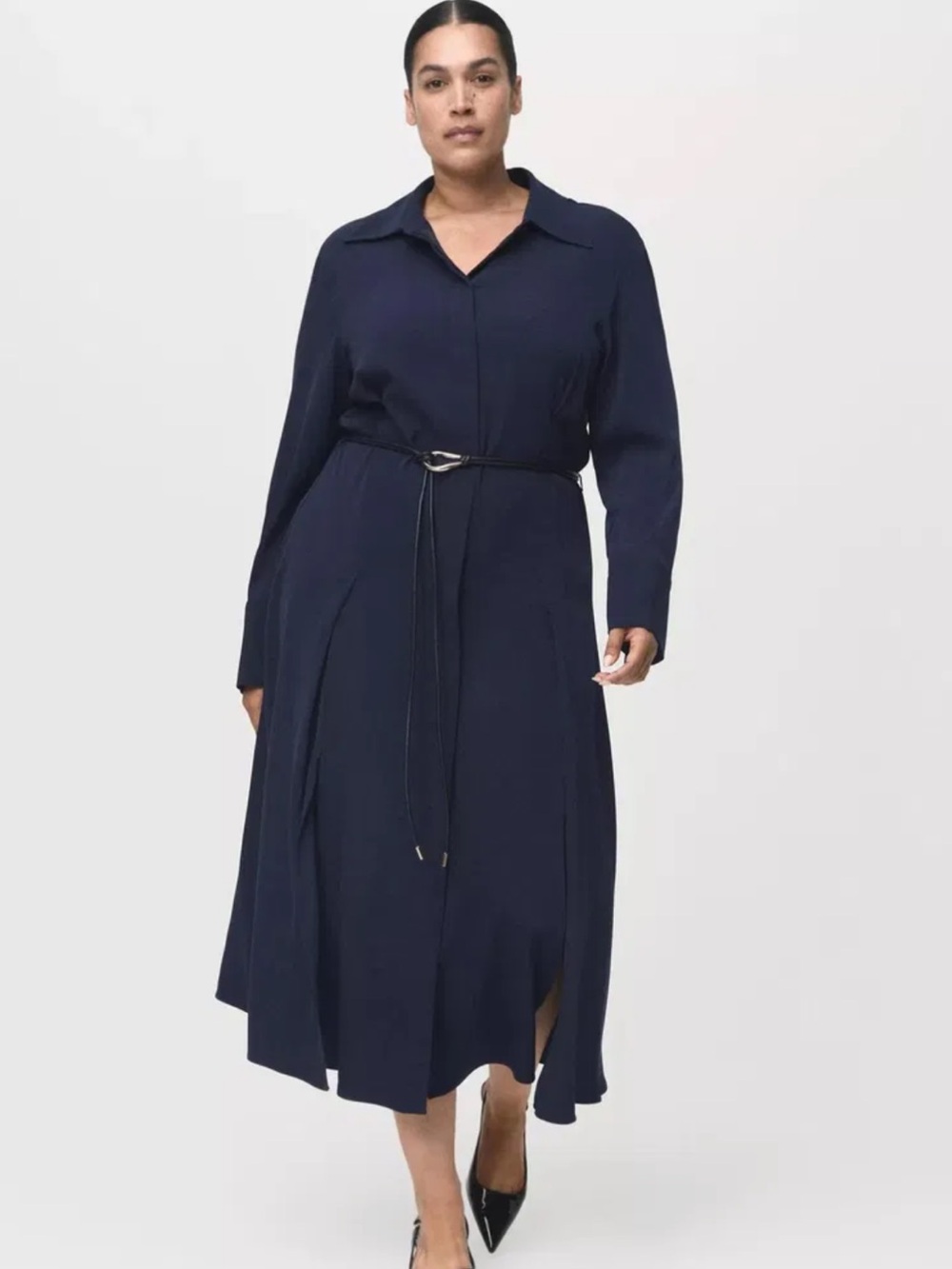 Mango Navy Blue Midi Shirt Dress with Thin Belt